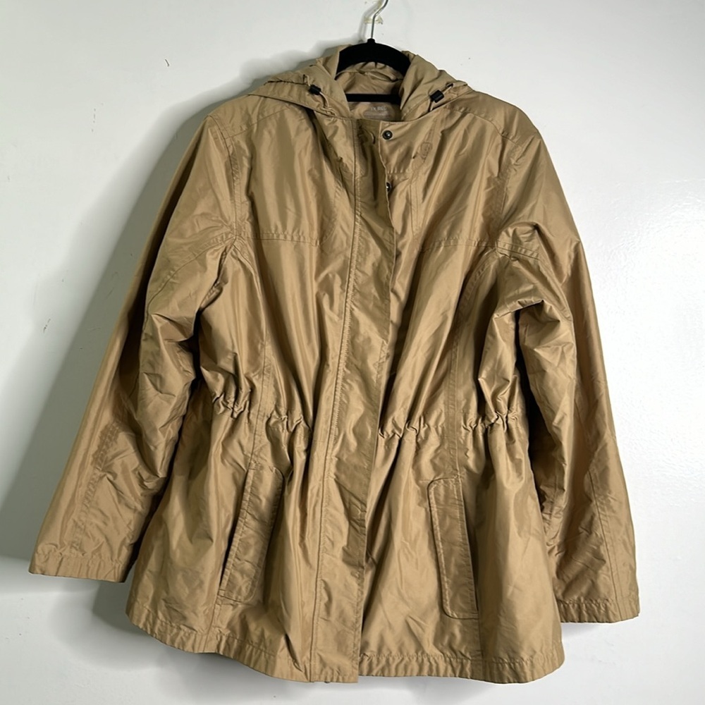 LL bean tan parka hooded rain jacket adjustable waist snap zip closure size 1x - Picture 2 of 13